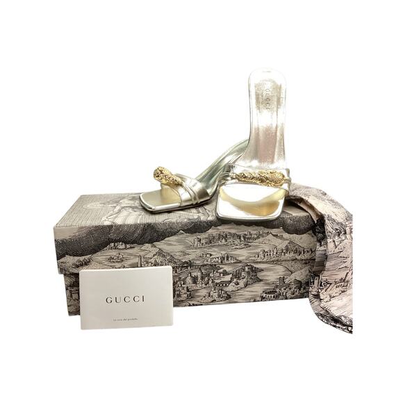 NIB Gucci Sandals Women’s Size 5.5 Open Heel Open Toe Panther Head Decor Gold - Picture 1 of 8